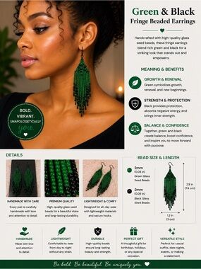 Green & Black Fringe Beaded Earrings